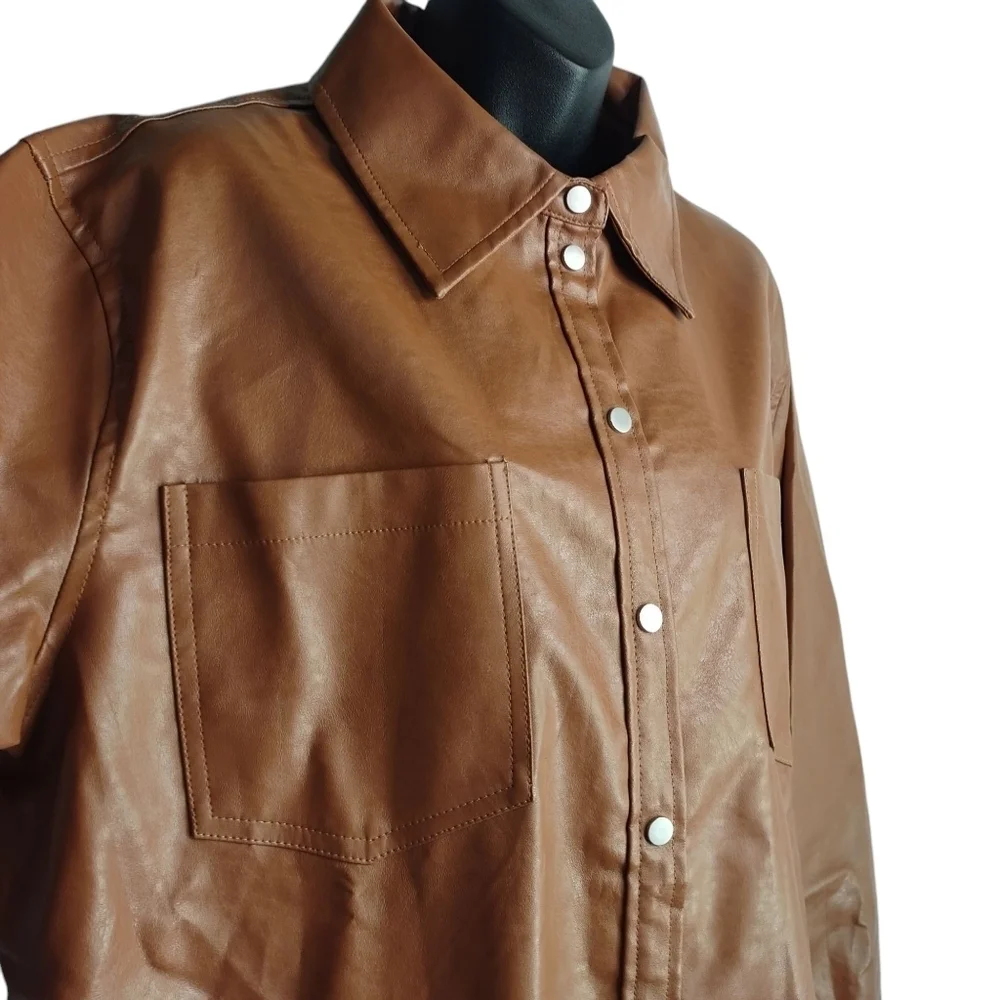 Haptics by Holly Harper Brown Faux Leather Oversized Snap Button Jacket Sz M New